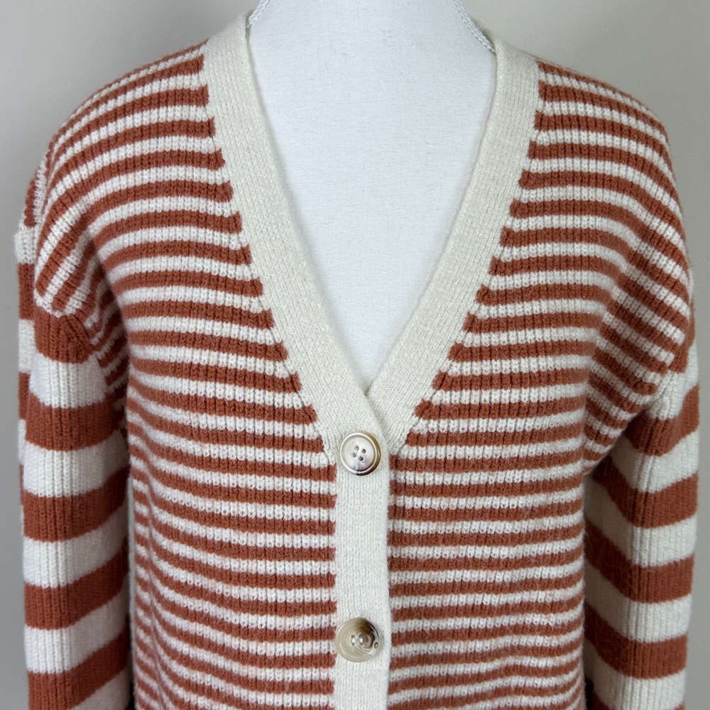Sadie & Sage Tight Knot Balloon‎ Sleeve Stripe Cardigan Rust & Cream Medium - Picture 2 of 7